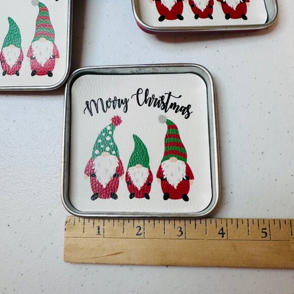 Holiday Christmas Gnome Coaster Set 4 tin coasters plus holder with handle - Picture 6 of 14
